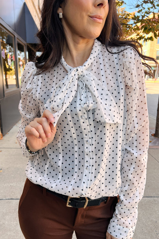 All Luxe Tie Neck Polka Dot Blouse