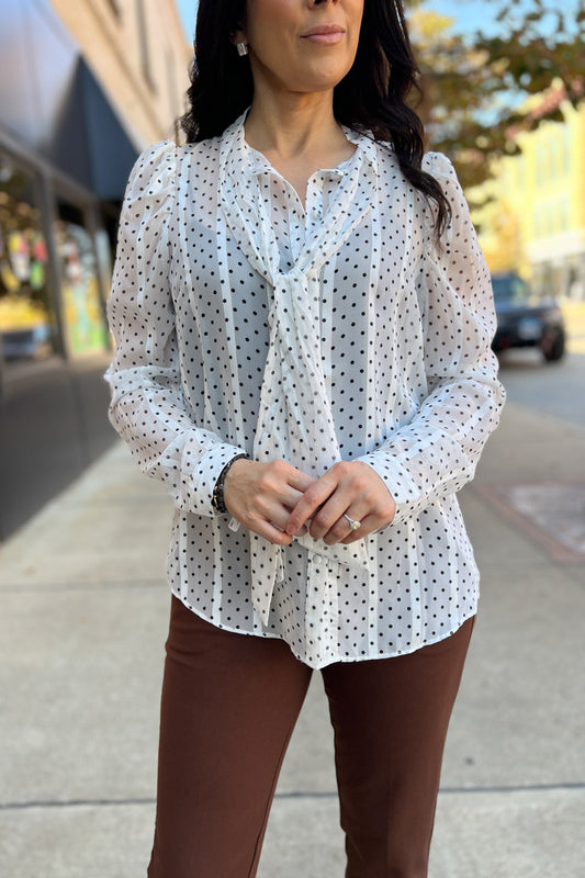 All Luxe Tie Neck Polka Dot Blouse
