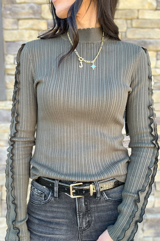Sweet Hello Ruffle Sleeve Mock Neck