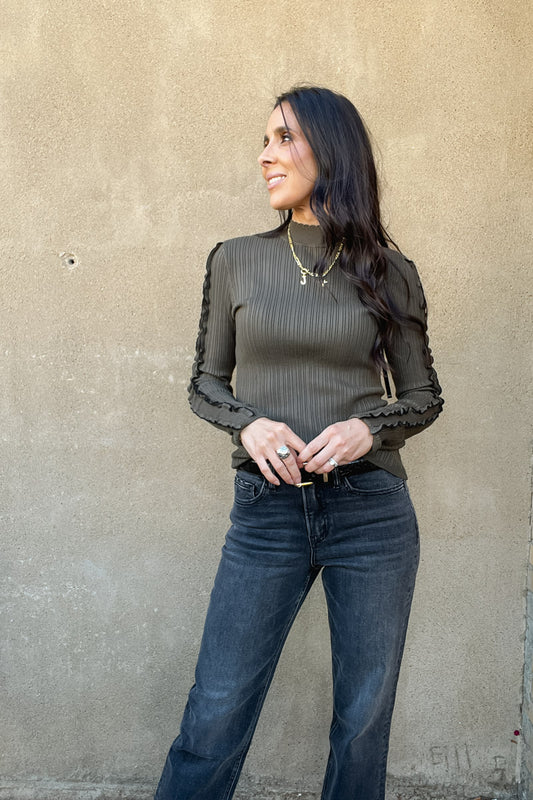 Sweet Hello Ruffle Sleeve Mock Neck