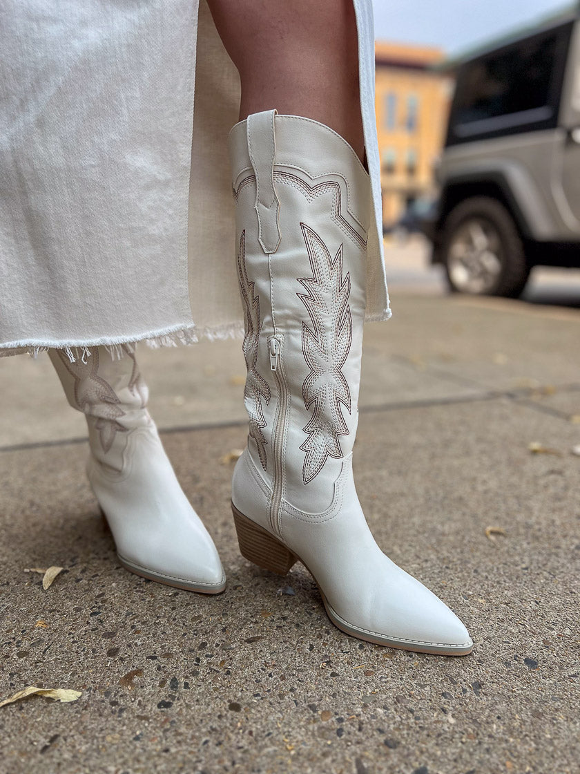Ainsley White Embroidered Cowboy Boot