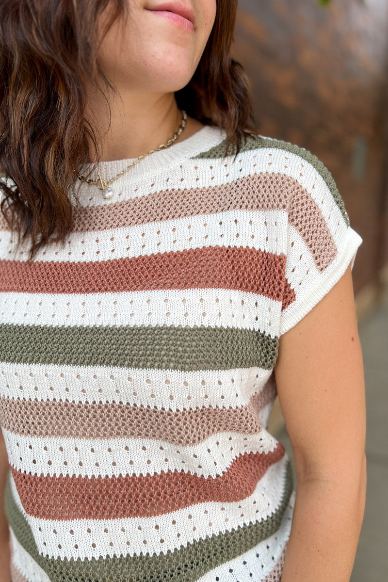 Ronnie Striped Pointelle Short Sleeve Sweater