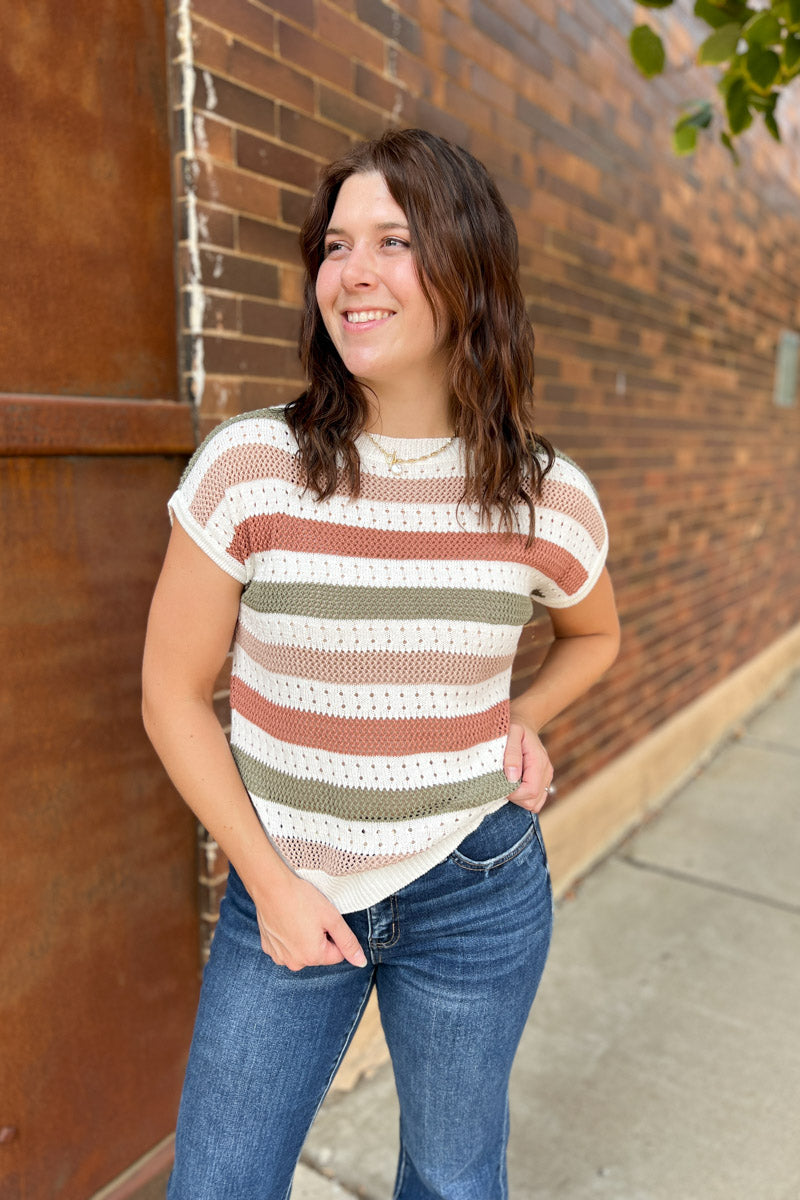 Ronnie Striped Pointelle Short Sleeve Sweater