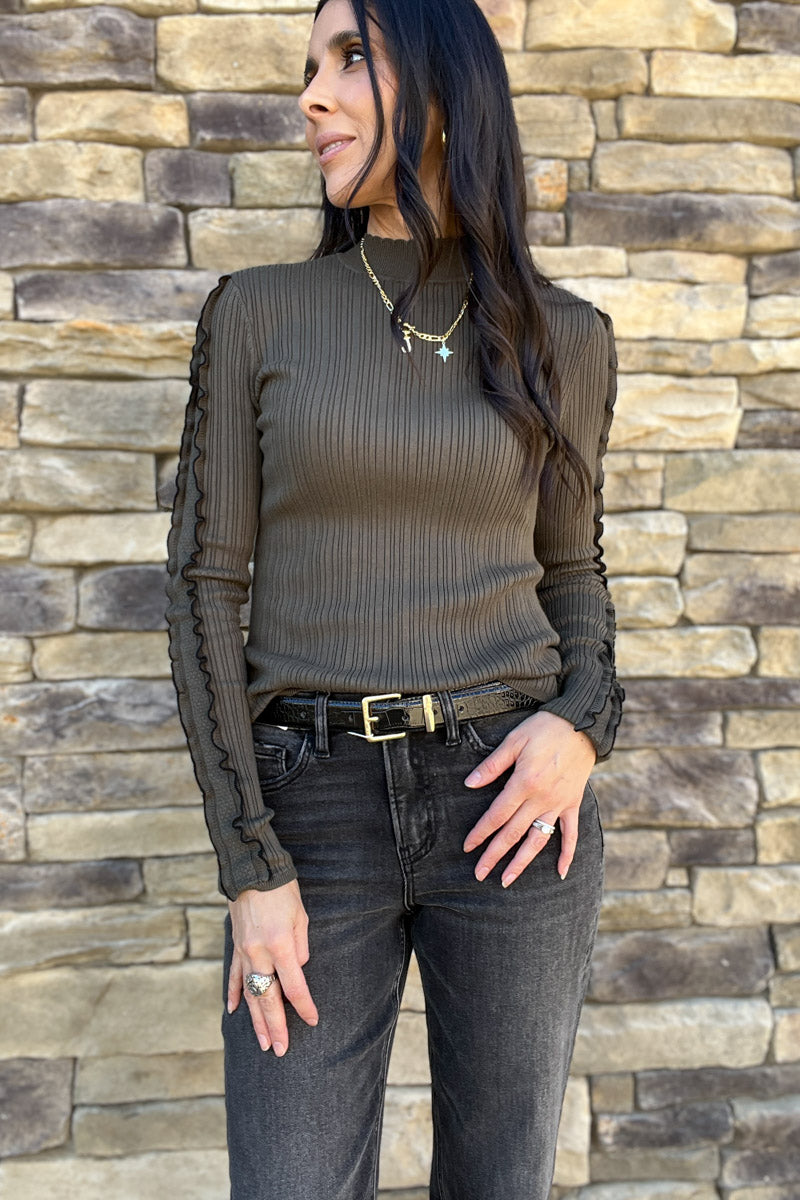 Sweet Hello Ruffle Sleeve Mock Neck