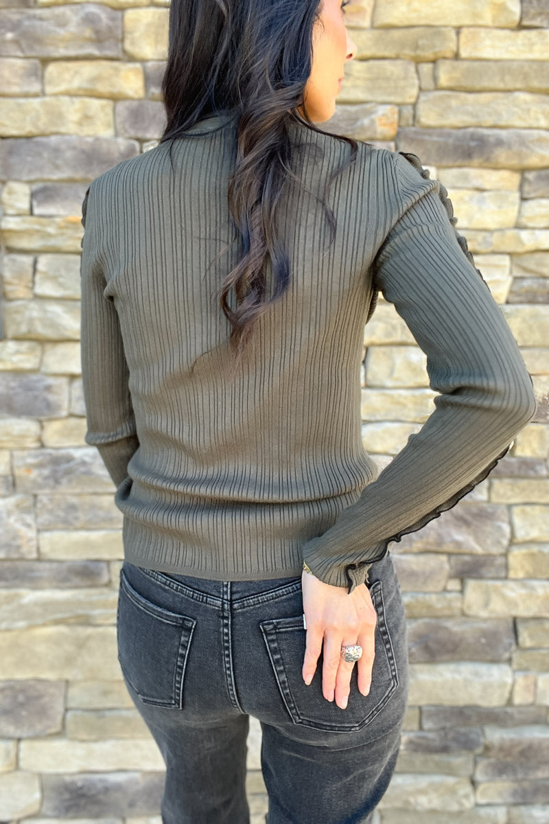 Sweet Hello Ruffle Sleeve Mock Neck